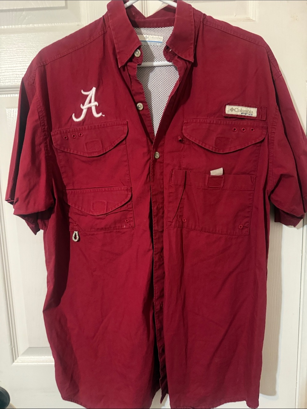 Columbia Men's Red Short-Sleeve Button-Down Shirt with Embroidered A
